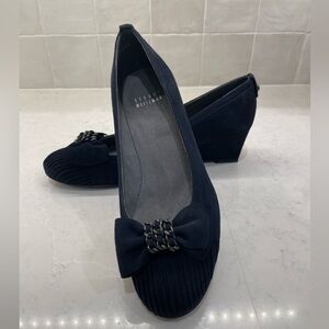 NWOT Stuart Weitzman Navy Suede 2” Wedge Heel with Pleat and Bow Detail